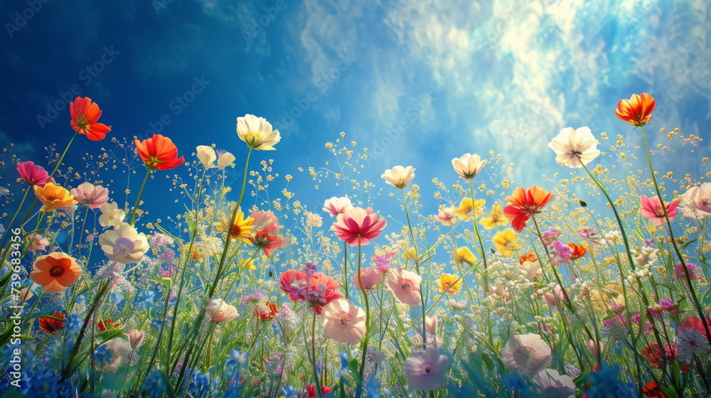 A field of wildflowers bursts into life a colorful tapestry against the backdrop of a bright blue sky as summer takes over from the cool rainy spring. A field of wildflowers bursts into life a colorful tapestry against the backdrop of a bright blue sky as summer takes over from the cool rainy spring.