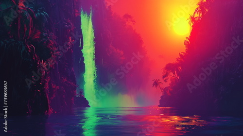 Dreamy landscape of a waterfall in a jungle with a surreal pink and purple sunset.