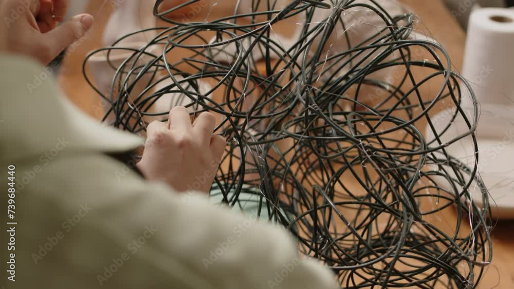 Over shoulder shot of unrecognizable female sculptor using armature wire to shape base of future sculpture while working in workshop Over shoulder shot of unrecognizable female sculptor using armature wire to shape base of future sculpture while working in workshop