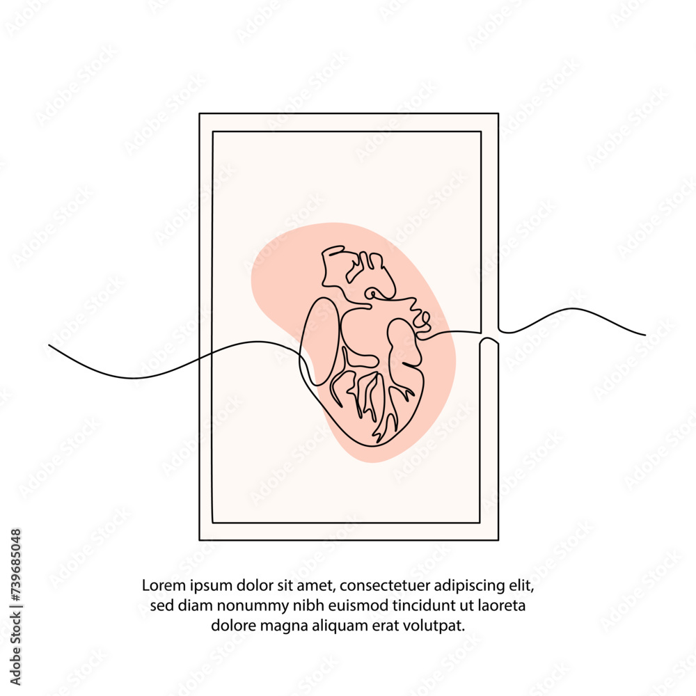 One line heart human organ poster drawing with frame. Abstract minimal continuous line wall decor. One line heart human organ poster drawing with frame. Abstract minimal continuous line wall decor.