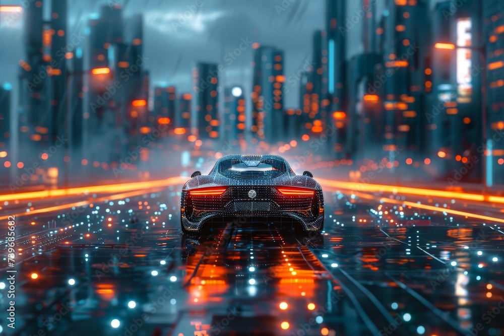futuristic car in cyber city, Self driving car navigating through a cityscape with precision futuristic car in cyber city, Self driving car navigating through a cityscape with precision