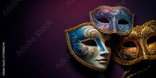 Beautiful carnival mask at night on a dark festive background. Banner template with a photorealistic Venetian carnival mask. Happy Purim, Jewish holiday carnival. Costume party flyer.
