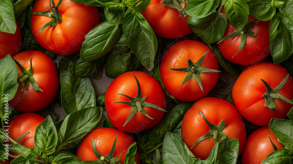 Fresh juicy red tomatoes with vibrant green leaves on display Fresh juicy red tomatoes with vibrant green leaves on display