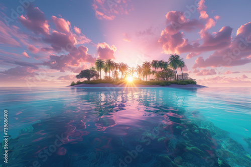 Tropical island in the ocean at sunset