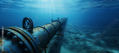 Underwater metal conduit for subsea oil and gas pipeline transport in blue ocean photo
