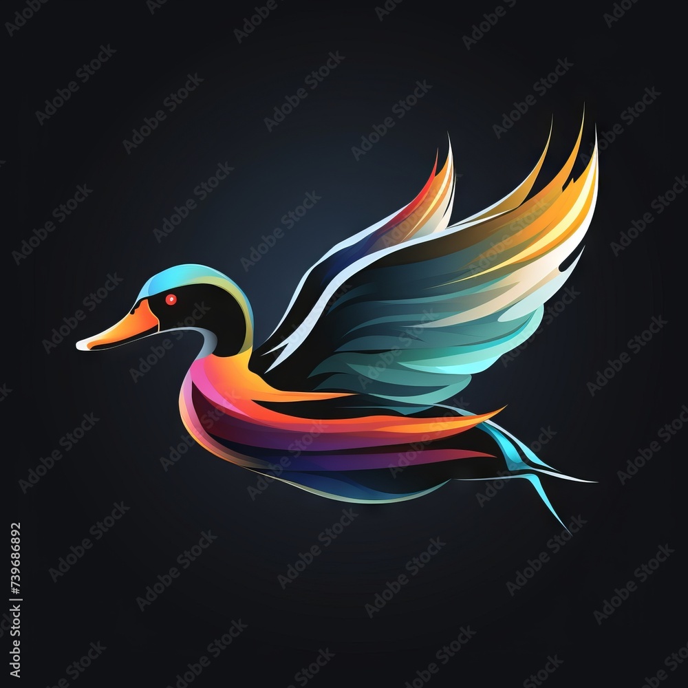 Obraz premium Flying Duck Abstract Vibrant Neon Colorful Logo Design on Isolated Black Background - Graphic Design Element