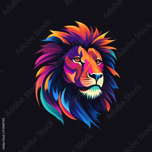 Lion Head Abstract Vibrant Neon Colorful Logo Design on Isolated Black Background - Graphic Design Element