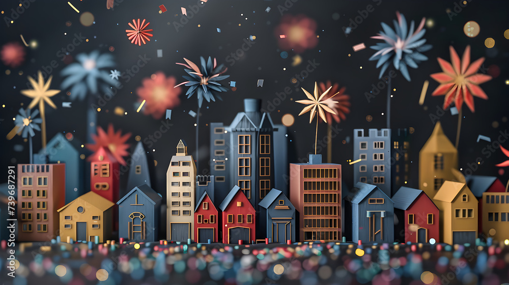 Paper Cut Firework On City Buildings At Night, Generative Ai