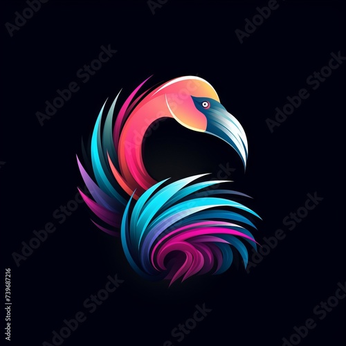 Flamingo Abstract Vibrant Neon Colorful Logo Design on Isolated Black Background - Graphic Design Element