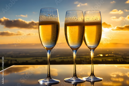 Three champagne glasses  poised side-by-side  empty yet gleaming with anticipation  suspended ethereally among diaphanous clouds  backlit by the soft  golden hues of a setting sun. Generative AI