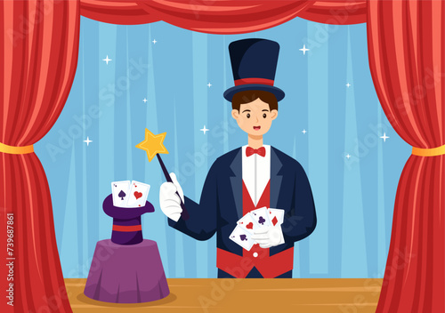 Magician Vector Illustration with Illusionist Conjuring Tricks and Waving a Magic Wand above his Mysterious Hat on a Stage in Flat Cartoon Background