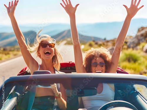 Couple on vacation on the roadtrip having fun driving a convertible car raising the arms to the sky photo