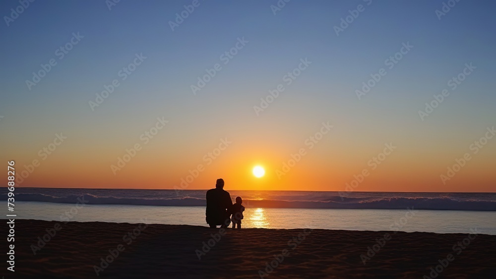 father and son hug and look at the evening sunset, the concept of love of a little son and father, father's Day