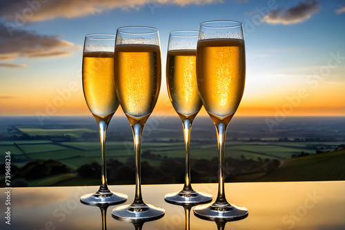 Four champagne glasses  poised side-by-side  empty yet gleaming with anticipation  suspended ethereally among diaphanous clouds  backlit by the soft  golden hues of a setting sun. Generative AI