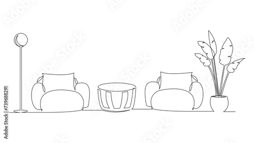Continuous single line armchair, plant, floor lamp and table. One line drawing of Living room with modern furniture vector illustration
