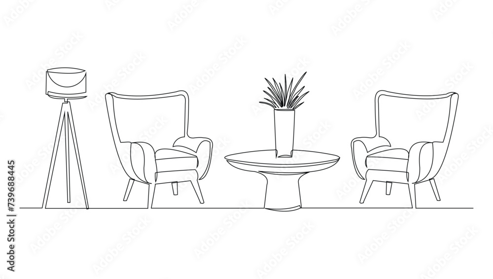 Fototapeta premium Continuous single line armchair, plant, floor lamp and table. One line drawing of Living room with modern furniture vector illustration