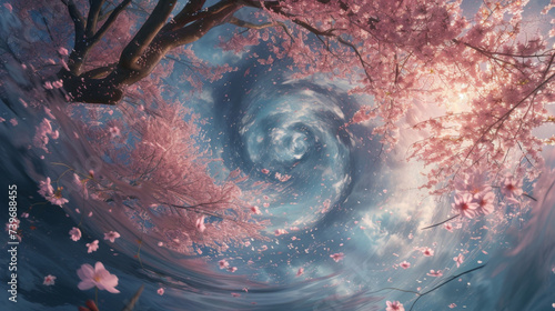Swirling winds carry swirls of cherry blossoms ushering in the arrival of spring and bidding farewell to the wintery landscape. photo