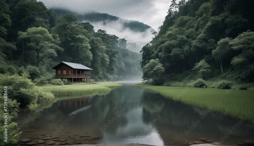 a cabin sits on the banks of a river surrounded by trees, green forested hills. Generative AI.