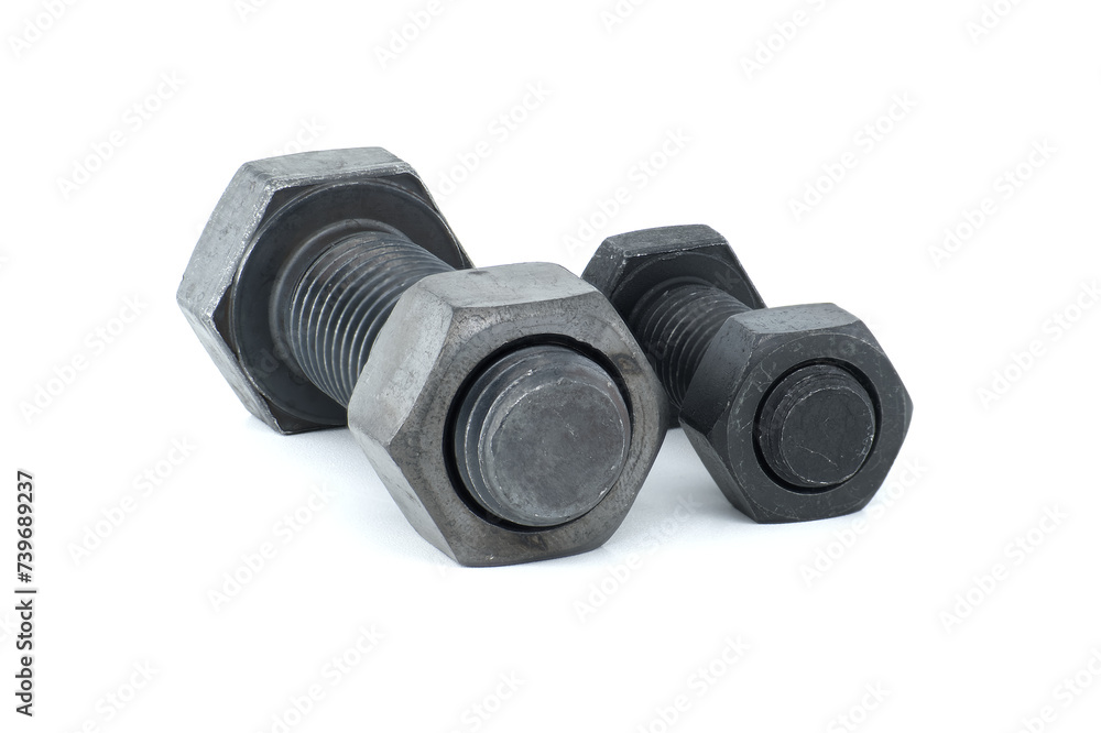 Black metal bolts and nuts arranged on white background Black metal bolts and nuts arranged on white background