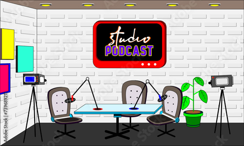 Podcast and broadcast studio room for making content. vector design background