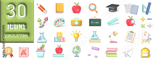 3d education set, symbol for back to school. 3d cartoon minimal illustration