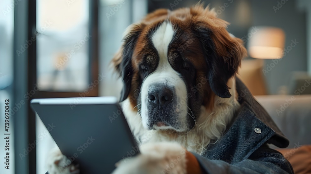 St Bernard Pensive on a Tablet at Tech Startup St Bernard Pensive on a Tablet at Tech Startup