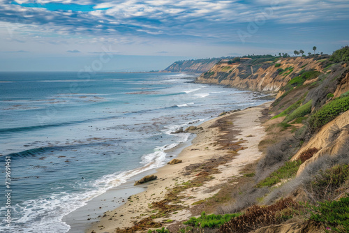 A tranquil coastline bathed in soft sunlight  with gentle waves lapping against sandy shores