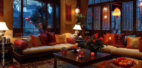 The festive interior of a living room adorned for Chinese celebrations, featuring vibrant decorations, traditional elements, and warm lighting, all captured in stunning high definition.