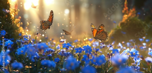 A vibrant summer meadow adorned with enchanting blue forget-me-not flowers, their delicate beauty captured in crisp detail, accompanied by two gracefully flying butterflies.