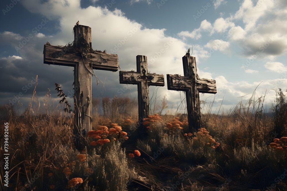 Tres cruces de madera vieja en un paraje abandonado lleno de hierbas silvestres bajo un cielo azul con nubes - obrazy, fototapety, plakaty 