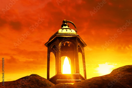 Shiny arabic lantern on top rock mountain at beautiful sunset sky with cloud  Ramadan kareem background