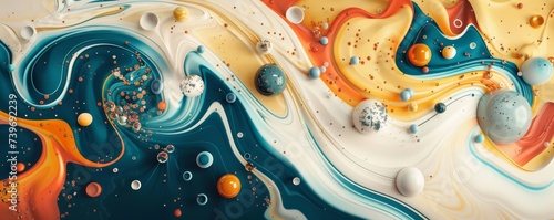 Abstract coffee galaxy with 3D waves cartoon astronaut animals cool tones and sharp contrasts photo