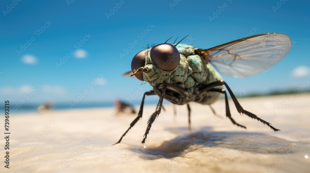 Experience the intensity of an fly leaping onto the beach in a stunning close-up photo, Ai Generated. Experience the intensity of an fly leaping onto the beach in a stunning close-up photo, Ai Generated.