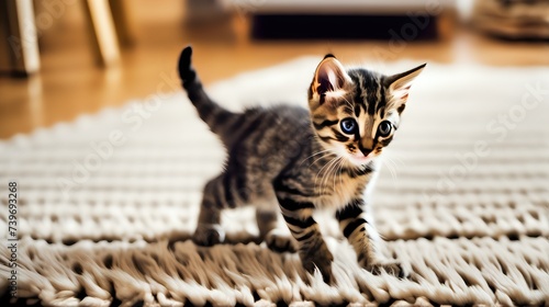 A playful tabby kitten chasing its own tail in circles on a plush rug, its large eyes wide with excitement.