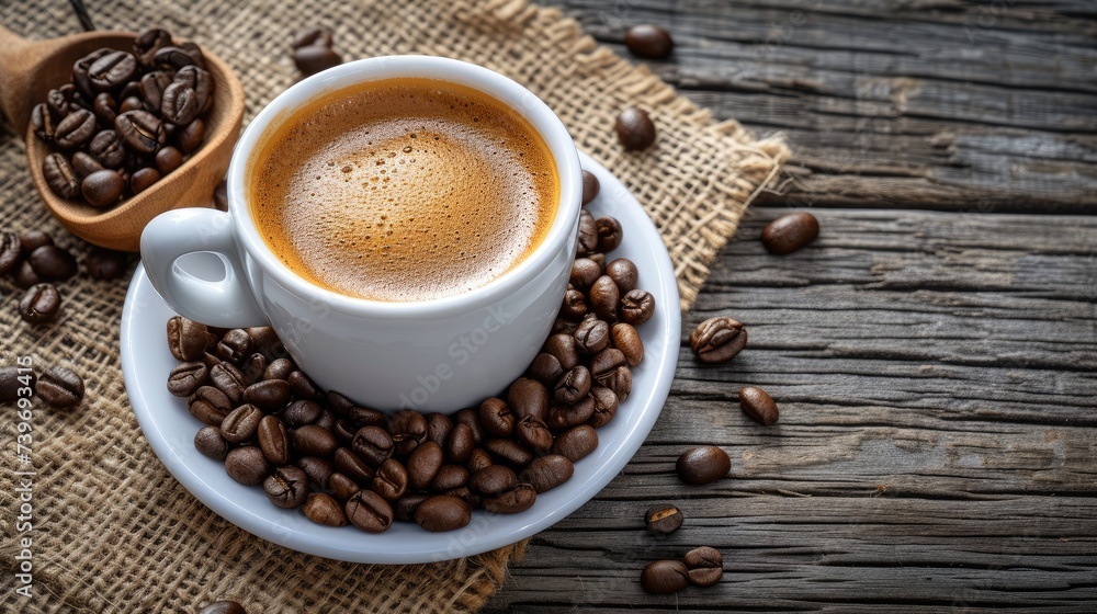 Coffee Cup on Wooden Table amidst Beans Invites Sip, Ai Generated Coffee Cup on Wooden Table amidst Beans Invites Sip, Ai Generated