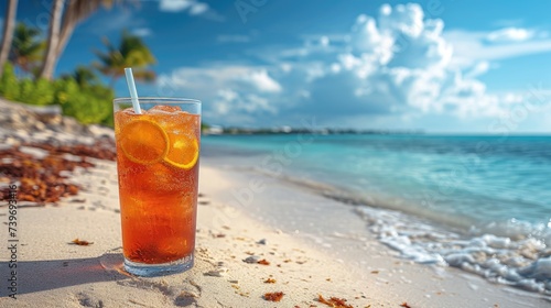 Cool summer cocktail on a sandy beach, sea view. Space for text, Ai Generated.