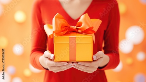 Woman's hands hold an orange gift box with a bow and ribbons on a colorful backdrop. Ai Generated