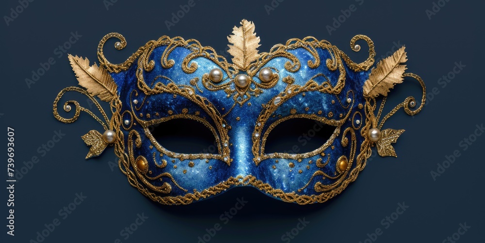 Ornate Venetian carnival mask adorned with gold decorations against a deep blue background. Ai Generated. Ornate Venetian carnival mask adorned with gold decorations against a deep blue background. Ai Generated.