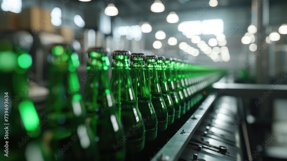 Array of green beer bottles moving along a production line, embodying the process of brewing excellence. Ai Generated. Array of green beer bottles moving along a production line, embodying the process of brewing excellence. Ai Generated.