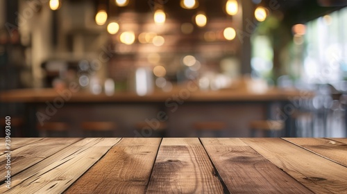 Wooden table in a blurred restaurant setting, offering empty space. Ai Generated. © CrazyJuke