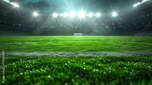 Vibrant green soccer field illuminated by bright spotlights, setting the stage for thrilling matches under the night sky. Ai Generated.