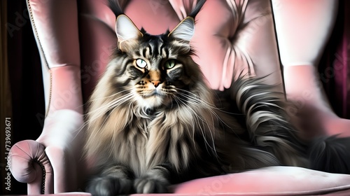 A majestic Maine Coon cat sitting regally on a velvet armchair, its striking eyes gazing into the distance.