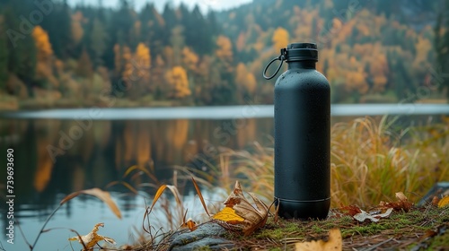 A black, reusable thermos water bottle coupled with a setting of a lake and space, Generative AI