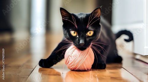 A playful cat pawing at a ball of yarn on a hardwood floor, its large eyes focused intently on the toy.