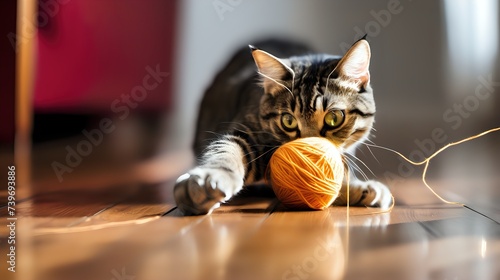 A playful cat pawing at a ball of yarn on a hardwood floor, its large eyes focused intently on the toy.
