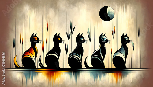 five stylized cats sitting in a row against a neutral, textured background. The cats should have a whimsical and artistic style, with one cat in a vibrant orange