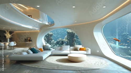 Submerged serenity: mesmerizing underwater house room reveals aquatic wonders through panoramic aquarium windows, a tranquil retreat in the heart of the deep blue