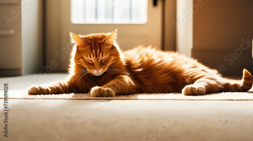 A ginger cat stretching lazily on a plush carpet, its wide eyes blinking sleepily in the afternoon sunlight.