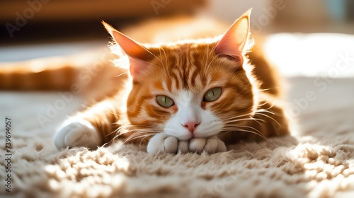 A ginger cat stretching lazily on a plush carpet, its wide eyes blinking sleepily in the afternoon sunlight. photo