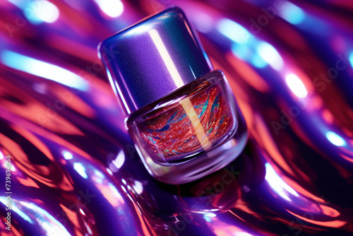 A close-up image of a glamorous nail polish bottle, showcasing the vibrant color and glossy finish.